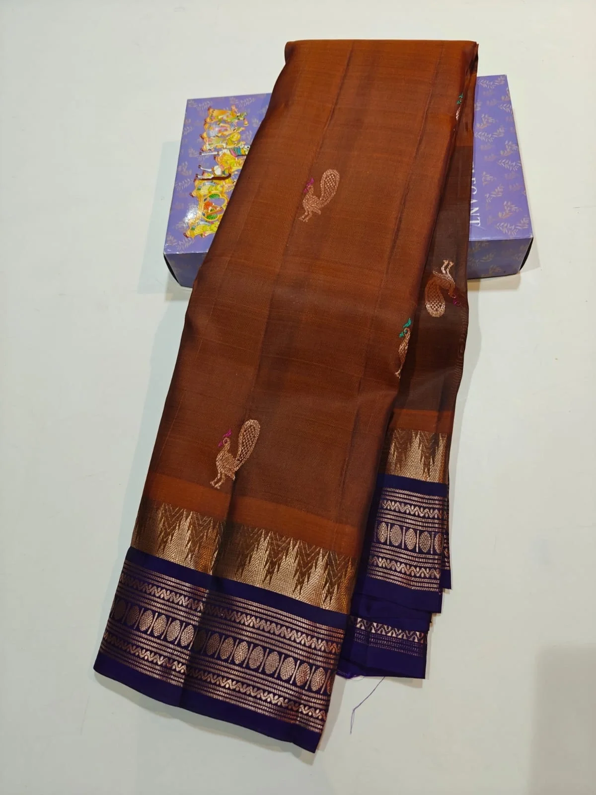 Copper Brown Peacock Buttas Kanchi Handloom Soft Silk Saree